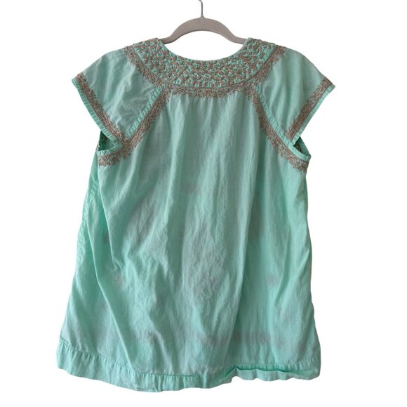 Roller Rabbit Embroidered Tunic Top V-Neck Short Sleeve Aqua Tan M - Picture 3 of 13